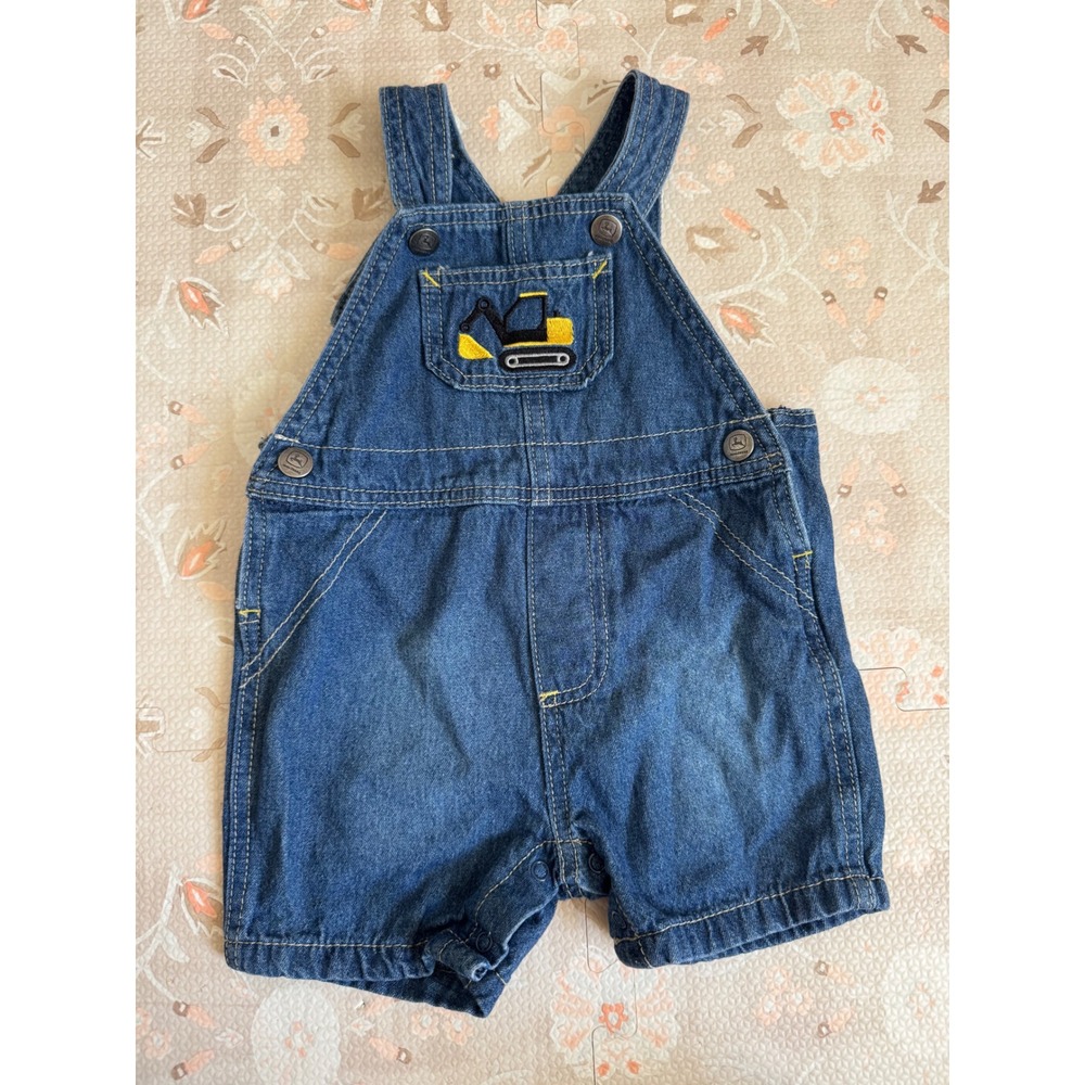 John Deere Baby Boys Denim Shortalls Excavator Embroidered Overalls Blue 6/9M